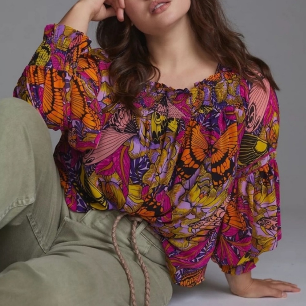 Anthropologie Alexandra Farmer Floral Butterfly Smocked Puff Sleeve Blouse XL - Picture 4 of 10